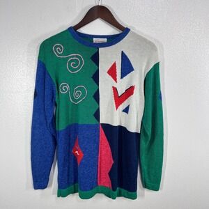 Vintage. Emcee Abstract Graphic‎ Knit Sweater Womens 16 Blue Green 90s Era Retro